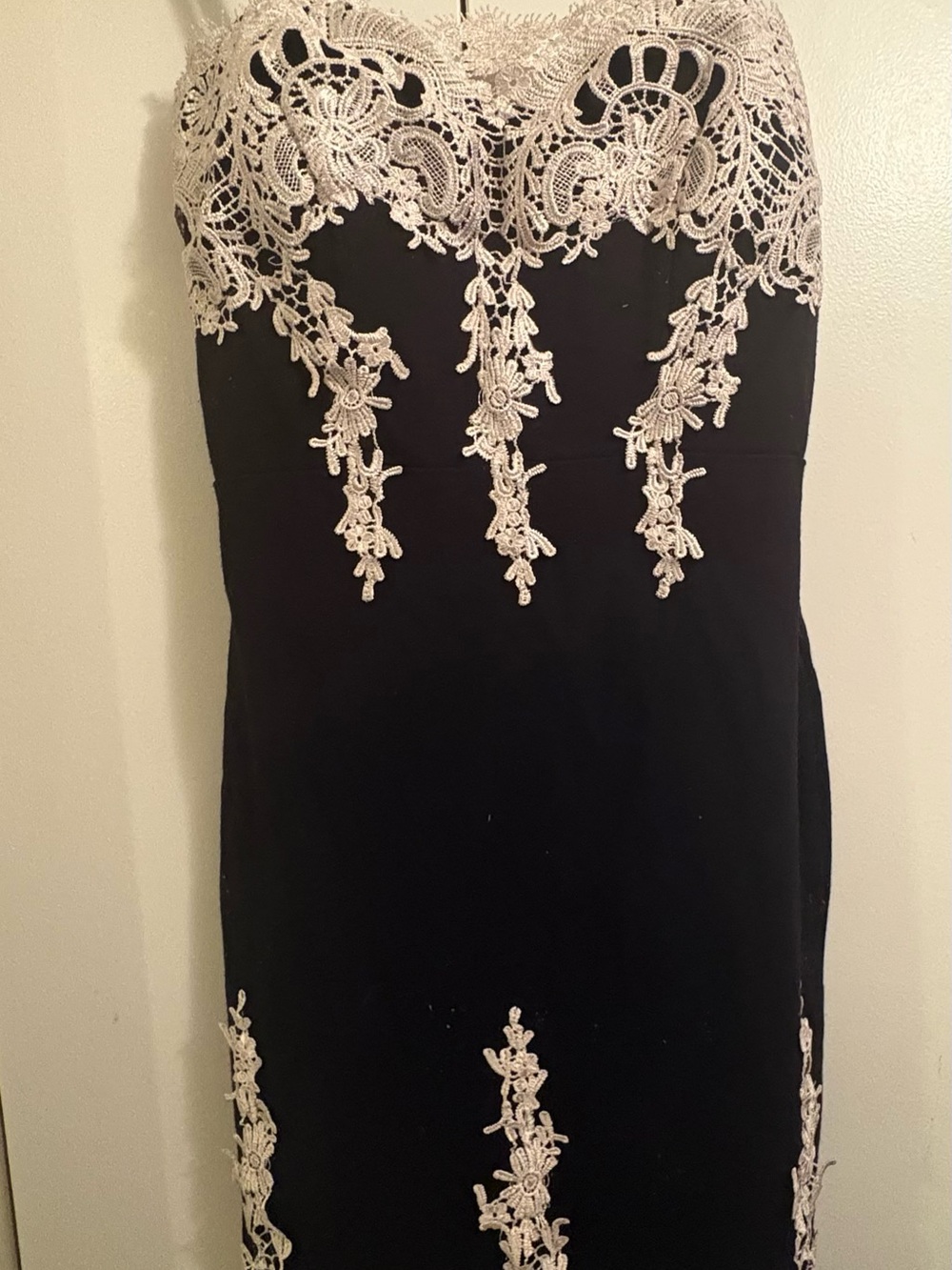 Haute Monde Black Strapless Dress. M. Lace Appliqué. Whimsygoth. Bodycon.